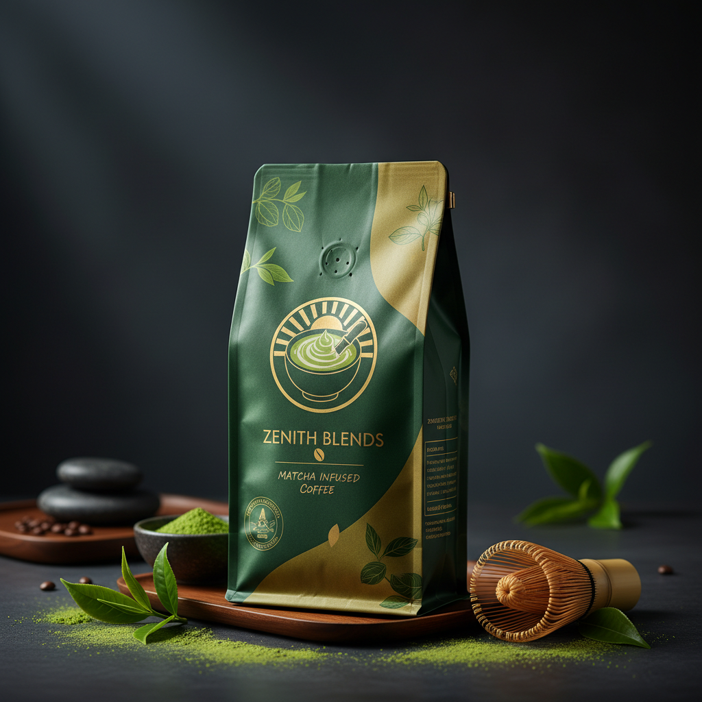 Matcha powder with bamboo whisk and green tea leaves