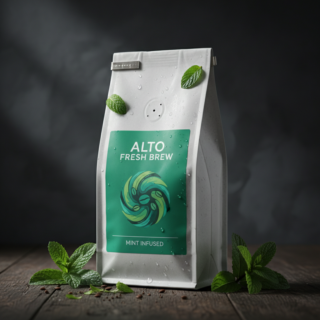 Mint flavored coffee bag with fresh mint leaves