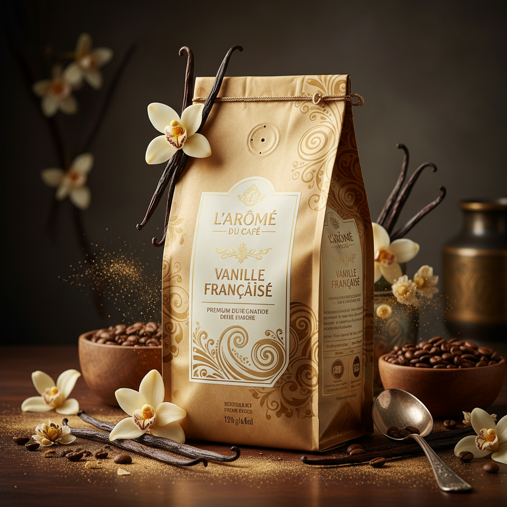 French Vanilla flavored coffee bag with vanilla bean pods