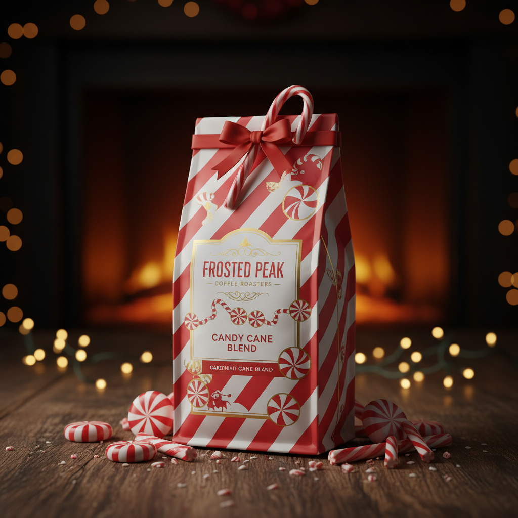 Candy Cane flavored coffee bag with festive peppermint accents