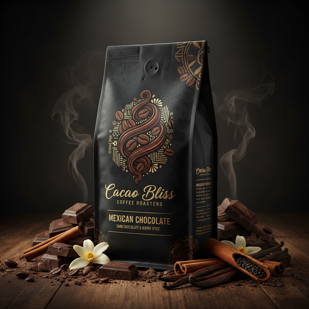 Mexican Chocolate flavored coffee bag with dark chocolate and cinnamon